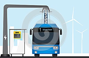 Blue electric bus is charged by pantograph.