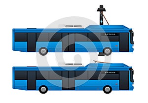 Blue electric bus with pantograph.