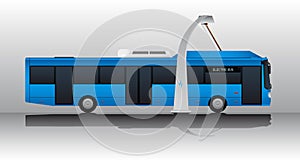 Blue electric bus at a stop is charged by pantograph.