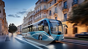 Blue electric bus on the street, Long exposure