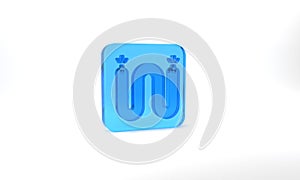 Blue Electric cable icon isolated on grey background. Electrical wire. Glass square button. 3d illustration 3D render