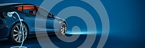 Blue electric car connected to charger on blue background with copy space.