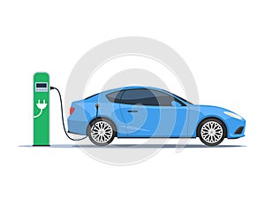Blue electric car and electric charger station