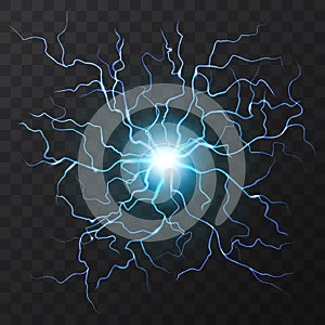 Blue Electric flash of lightning on a dark transparent background. Vector circle lightning or electricity blast storm or