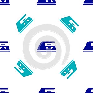 Blue Electric iron icon isolated seamless pattern on white background. Steam iron. Vector Illustration