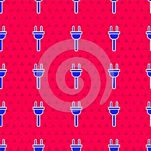 Blue Electric plug icon isolated seamless pattern on red background. Concept of connection and disconnection of the