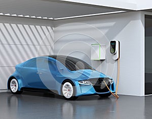 Blue electric SUV recharging in garage