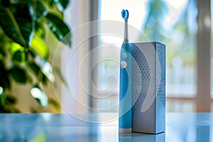 Blue electric toothbrush sitting on top of box on table. AI