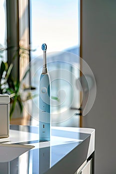 Blue electric toothbrush sitting on top of table next to window. AI