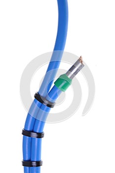 Blue electrical cables with cable ties