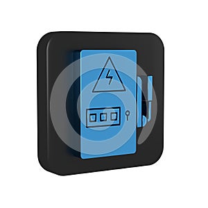 Blue Electrical panel icon isolated on transparent background. Black square button.