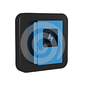 Blue Electrical panel icon isolated on transparent background. Black square button.