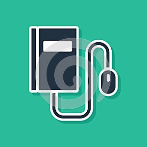 Blue Electronic book with mouse icon isolated on green background. Online education concept. E-book badge icon. Vector