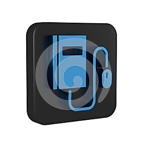 Blue Electronic book with mouse icon isolated on transparent background. Online education concept. E-book badge icon