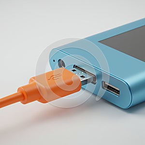 A blue electronic device with a rectangular design is connected to an orange USB