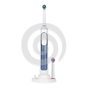 Blue electronic toothbrush on a charge stand with changeable brush head