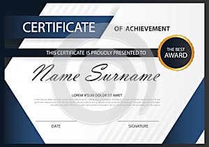 Blue Elegance horizontal certificate with Vector illustration ,white frame certificate template