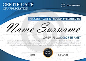 Blue Elegance horizontal certificate with Vector illustration ,white frame certificate template with clean and modern pattern