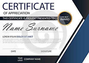 Blue Elegance horizontal certificate with Vector illustration ,white frame certificate template with clean and modern pattern