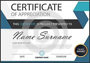 Blue Elegance horizontal certificate with Vector illustration ,white frame certificate template with clean and modern pattern
