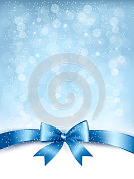 Blue elegant holiday background with gift bow and ribbon.