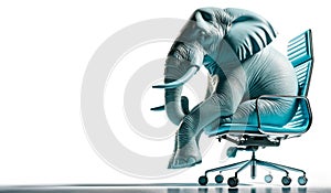 Blue Elephant Seated on Sky Blue Modern Chair Facing Forward. Animal in human setting