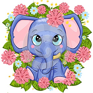 a blue elephant sitting in a flower filled frame with pink flowers and green leaves