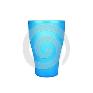 Blue empty plastic cup white background isolated closeup, disposable blank drinking glass, beverage, cocktail, tableware design
