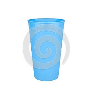 Blue empty plastic cup white background isolated closeup, disposable blank drinking glass, beverage, cocktail, tableware design