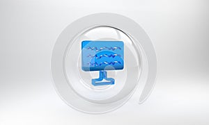 Blue Encephalogram icon isolated on grey background. Electrical activity. Glass circle button. 3D render illustration