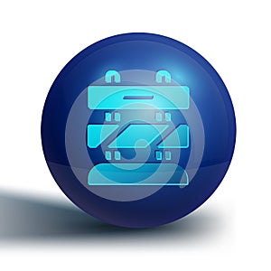 Blue End of railway tracks icon isolated on white background. Stop sign. Railroad buffer end to destination. Blue circle