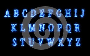 Blue Energetic Alphabets Set with Tesseract glow Effect. Futuristic Letters with blue Energy Flames and Smokes.