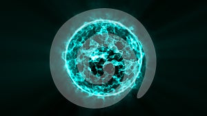 Blue energy glowing sphere futuristic atom from electric magic particles and energy waves background.