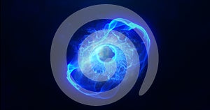 Blue energy sphere with glowing bright particles, atom with electrons photo