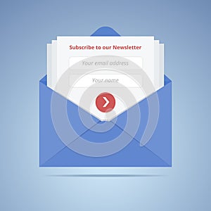 Blue envelope with subscription form in flat style