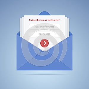 Blue envelope with subscription form in flat style photo