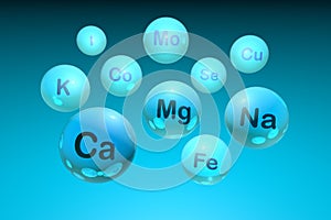 Blue essential chemical minerals and microelements in blue background. Healthy life concept. 3d illustration.