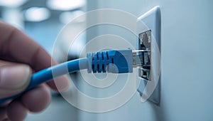 Blue Ethernet Cable Plugging into Wall Socket