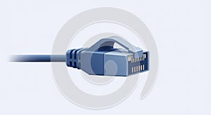Blue Ethernet cable with an RJ45 connector, featuring eight metal contacts for