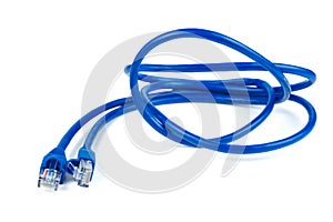 Blue ethernet copper, RJ45 patchcord isolated on white photo