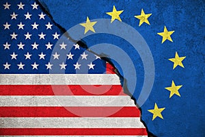 Blue european union EU flag on broken wall and half usa united states of america flag, crisis trump president and europe euro