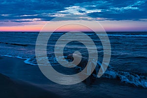 Blue evening on the sea coast with small waves on old snag, desctop wallpaper