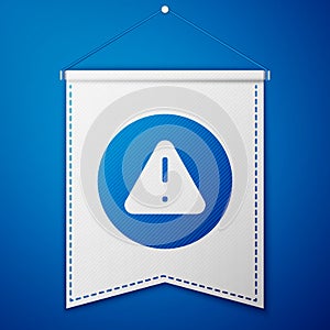 Blue Exclamation mark in triangle icon isolated on blue background. Hazard warning sign, careful, attention, danger