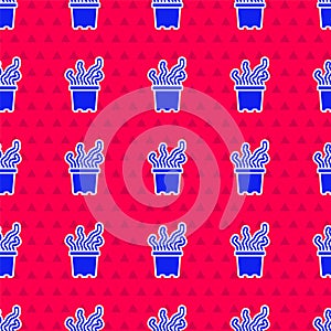 Blue Exotic tropical plant in pot icon isolated seamless pattern on red background. Vector