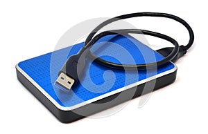 Blue external hard drive on white background