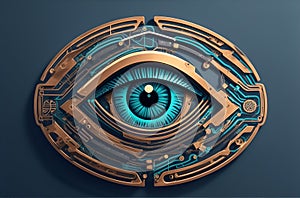 Blue eye with copper circuit board pattern, cyber security concept, technology concept.