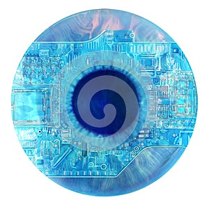 blue eye with electronic circuit board illustration, concept of computer and AI vision