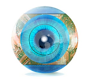 blue eye with electronic circuit board illustration, concept of computer and AI vision