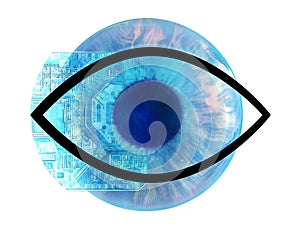 blue eye with electronic circuit board illustration, concept of computer and AI vision