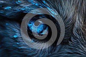 Blue eye of a fox. Close-up. Toned, close up of super bright blue wolf eyes extreme detail, AI Generated